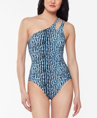 Jessica Simpson Printed Sassy Safari One-Shoulder One-Piece Swimsuit, Navy An...