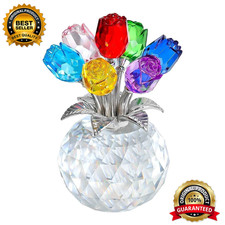 Statuina bouquet di rose colorate in cristallo con vaso rotondo, fiore rosa in vetro romantico