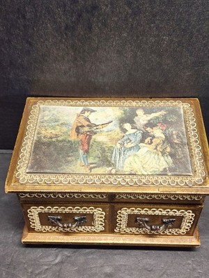 VINTAGE WOOD MUSICAL JEWELRY BOX-ANTOINE WATTEAU-LE FORET D AMOUR SILK PRINT LID