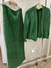 Vintage 70s Emerald Crochet Skirt/Jacket Couture Weighted Hem, Designer Estate