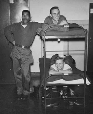 1950s Soldiers Bunk Beds Friends Smiling Barracks Portrait Handsome Cute Candid