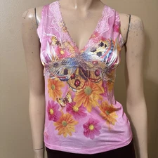 Women’s Pink Polyester Casual Summer Open Stretch Slim Lace Size M Blouse Top