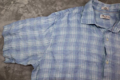 Peter Millar Shirt Mens Large Plaid Linen Seaside Blue Short Sleeve Button Up - Picture 5 of 16