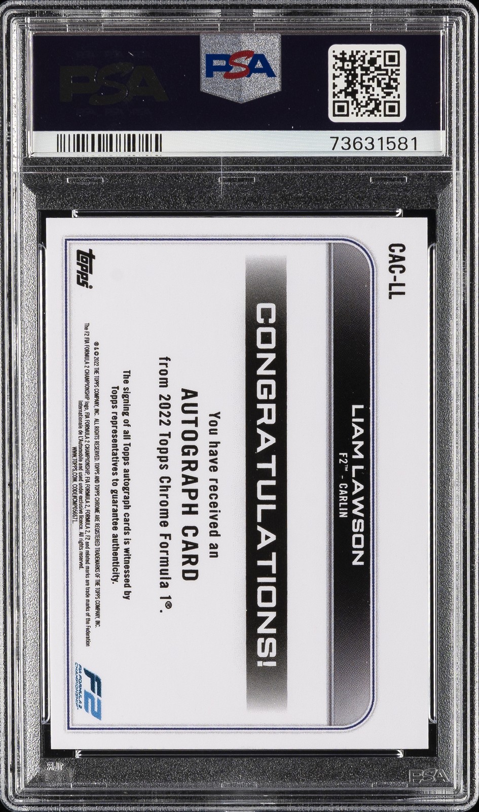 2022 TOPPS CHROME FORMULA 1 CHROME AUTOS #CACLL LIAM LAWSON PSA 10 AUTO 10 view 2