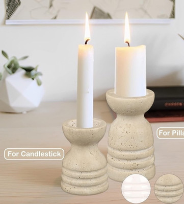 Cedarlux Candleholders True Natural Travertine Stone Set of 2 Premium Marble 