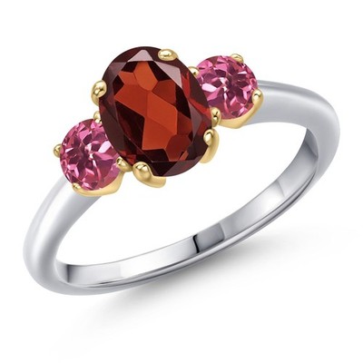925 Silver and 10K Yellow Gold Garnet and Pink Tourmaline Engagement Ring For