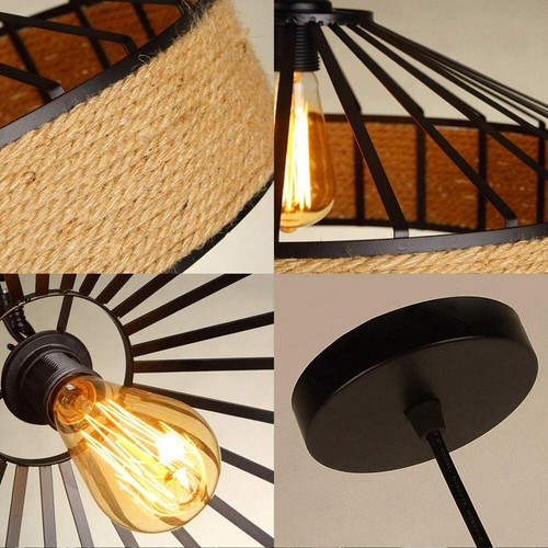 Vintage Retro Industrie Loft Hanfseil Eisen Pendelleuchte Deckenleuchte Retro Lampe UK - Bild 6 von 41