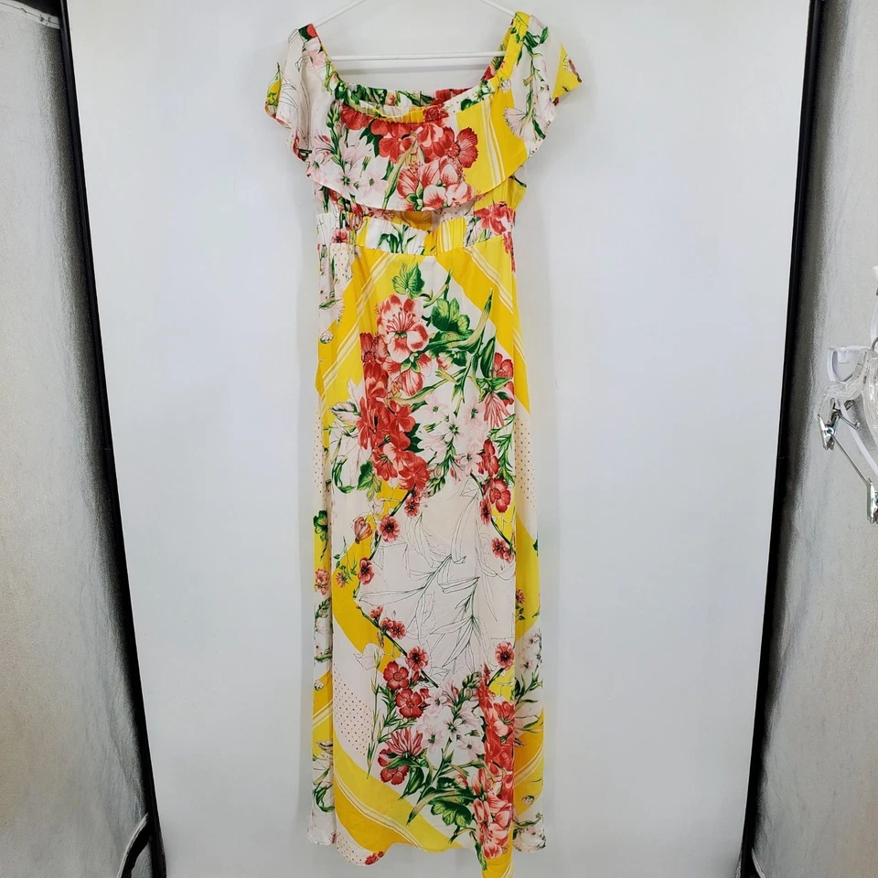 New York & Company Yellow Floral Print Women's Maxi Off The Shoulder Dress Large - Image 2 of 4