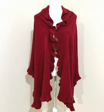 Collection Eighteen Crimson Red Ruffle Trim Knit Cape Shawl Poncho One Size