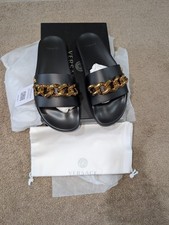 New VERSACE Men  s Chain Medusa Pool Slides VITELLO Leather Black Gold ITL41/US 8