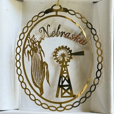 VTG Christmas Ornament NEBRASKA Windmill Corn State Nations Treasures 24K Gold