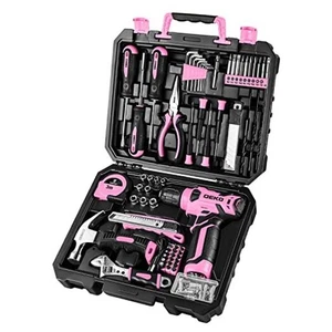 Ensemble de perceurs, ensemble d'outils à domicile avec 8V Perceuse sans fil, Kit d'outils à main pour femmes, Rose