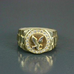 Authentic 2Ct Real Moissanite Mens Eagle Patriotic Emblem Ring 14K Yellow Gold Plated