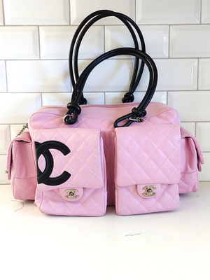CHANEL Authentic PINK Lambskin Leather Quilted Cambon Reporter Bag Italy  RARE