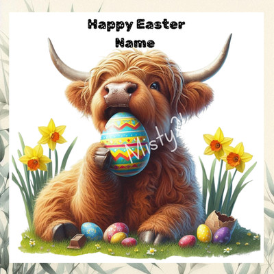 Personalisierte HIGHLAND COW Grußkarte Schokoladeneier Narzissen Frohe Ostern