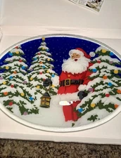 Signed Peggy Karr Fused Glass 17” Oval Platter Plate Christmas Trees Santa Snow