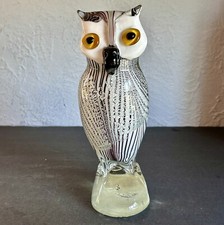 8.75  Inch Vintage Handblown Art Glass Murano Style Owl Figurine. Silver Flecks