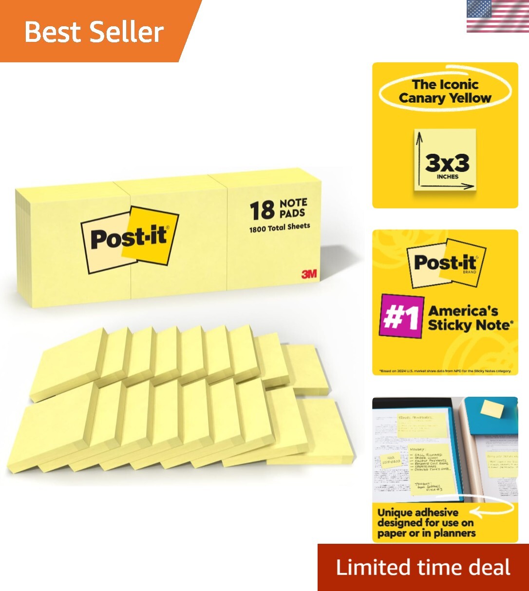 Eco-Friendly 3x3 Canary Yellow Sticky Notes - 18 Pads for Productivity-image