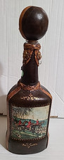 Foxhunt Leather Covered Bottle Bar Decanter Brown w/ Cap-Lion Hooks-Hunt Scene