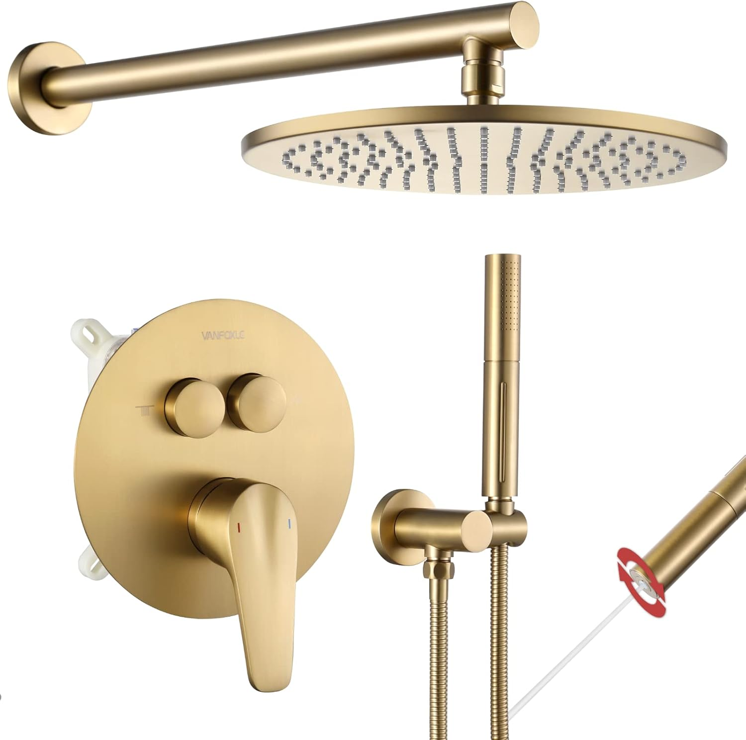 VANFOXLE Shower Faucet Set Brushed Gold Shower System, Push Button Diverter Wall