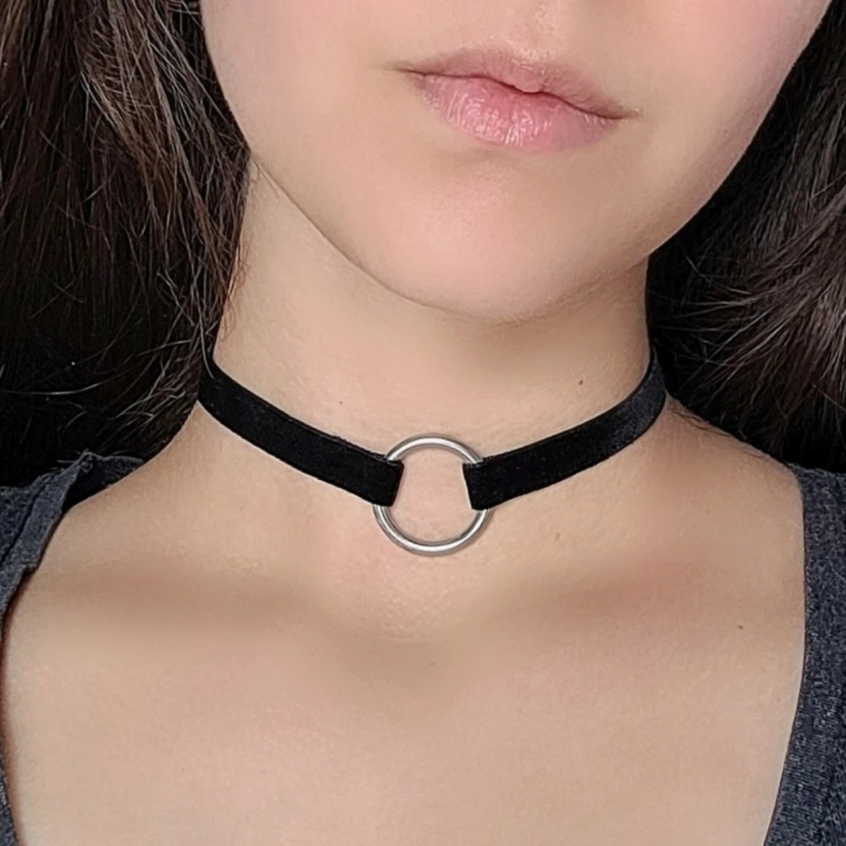 Silver or Gold O Ring Choker Black Velvet Collar Necklace 90s Goth Punk  Jewelry