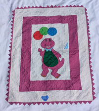 Vintage Handmade Barney the Dinosaur Baby Quilt Blanket Colorful Balloons 43"x54