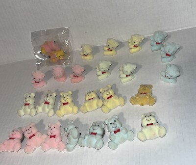 LOT Small Mini Fuzzy Flocked Teddy Bears Pastel Pin Back Earrings