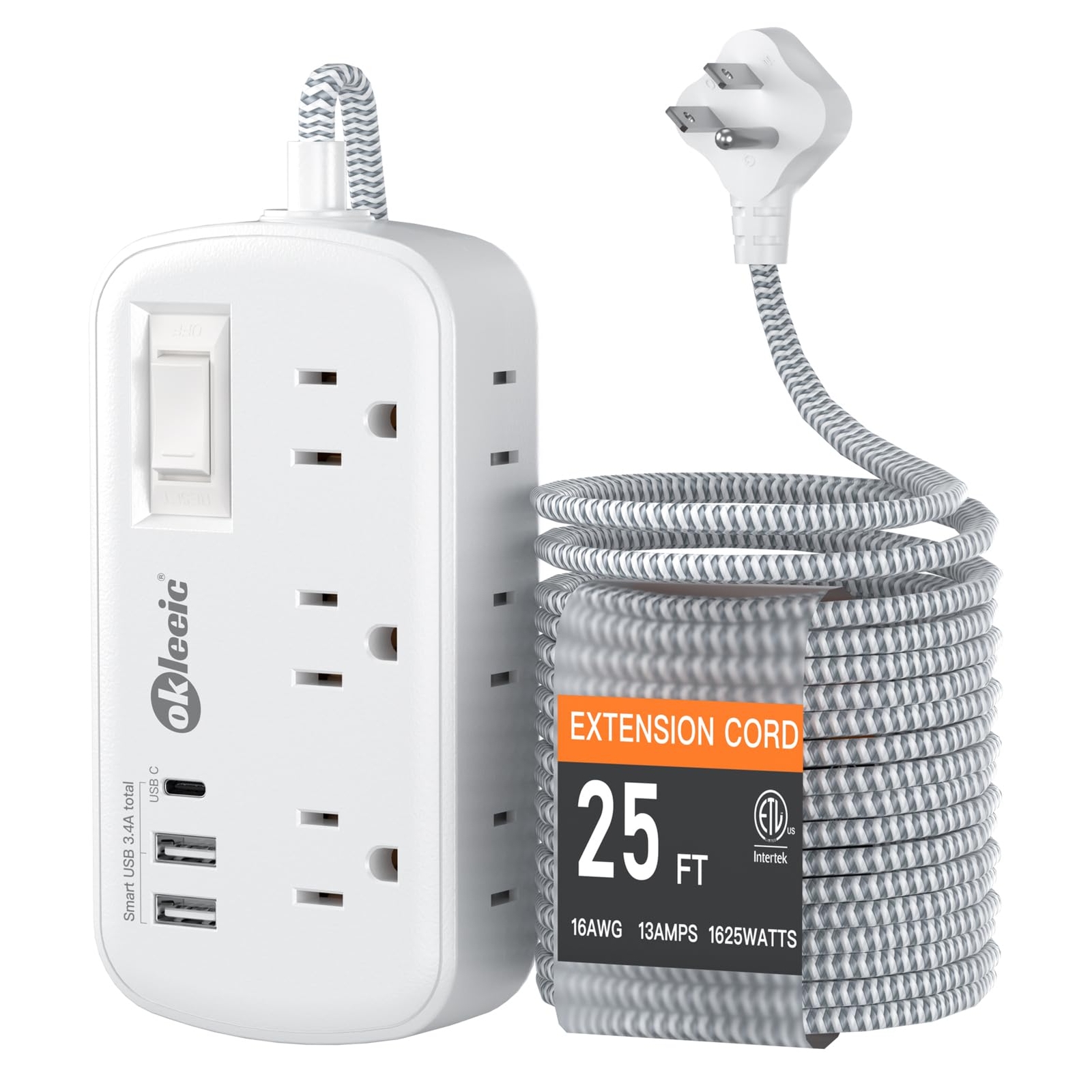 Extension Cord 25 FT Multiple Outlets-Surge Protector Power Strip 6AC Outlets...-image