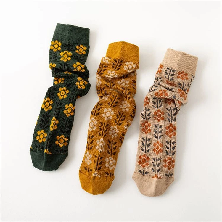 Calcetines Flor Otoño Invierno - Estilo Japonés Retro Color Calcetín Crew Calzado Floral Foto 3 de 4