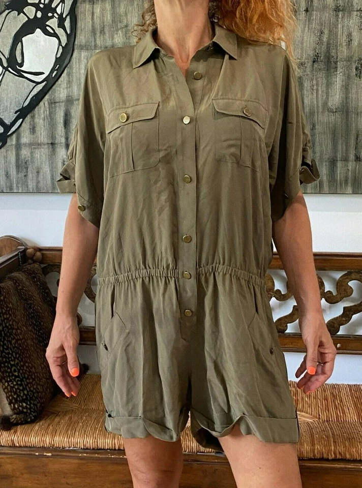 MAMELUCO DE SEDA ALTO HIPPIE CAQUI VERDE EJÉRCITO UTILITARIO CARGA S ❤️ LEÍDO/DEFECTUOSO Foto 2 de 4