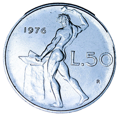 Italy 50 Lire, 1976 Gem Unc~Vulcan Swinging Hammer at Anvil~Free Shipping