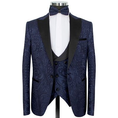 Slim Fit Tuxedo with Waistcoat in Blue Pattern Suit Wedding Mens Suit Groom
