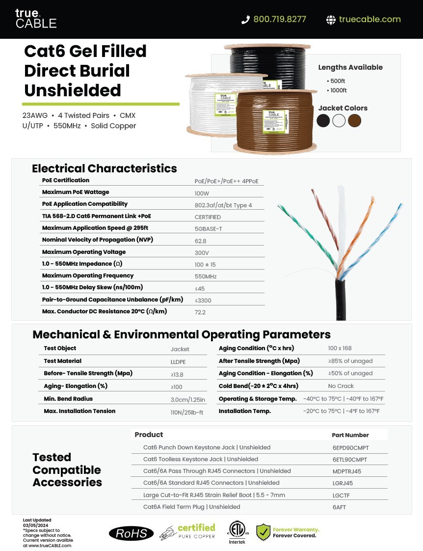 TrueCable Cat6 Gel Filled Direct Burial Ethernet Cable Unshielded 720 Ft 23AWG