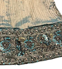 Embroidered Metallic Teal Long Runner  Window Valance With Floral Beaded Edge