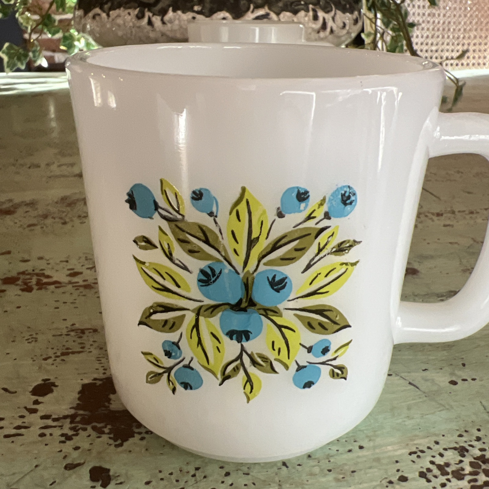 Set of 2   VINTAGE Jeannette Glasbake MILK GLASS COFFEE TEA MUG CUP BLUEBERRIES