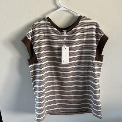 EVALESS New Women Striped Brown Cap Sleeve Top Large L NWT 