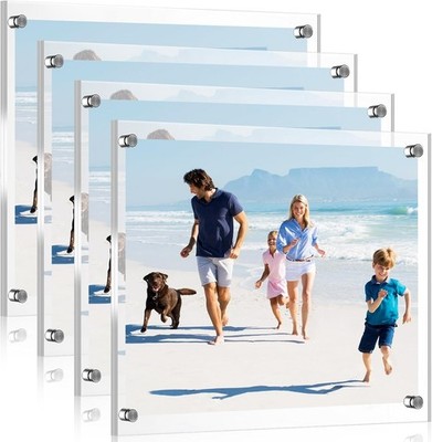 4 Pack Acrylic Floating Picture Frames Wall Mount Frameless Photo Frames Doub...