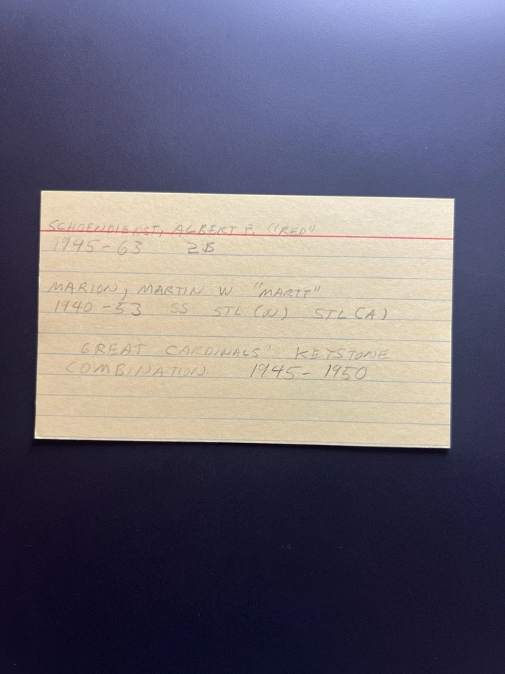 Red Schoendienst & Marty Marion Signed Index Card St. Louis Cardinals JSA LOA - Image 2 of 3