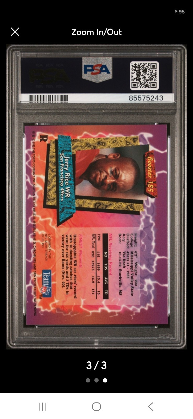 1995 TOPPS FINEST BOOSTERS JERRY RICE  REFRACTOR PSA 9 MINT SAN FRANCISCO 49ERS view 3
