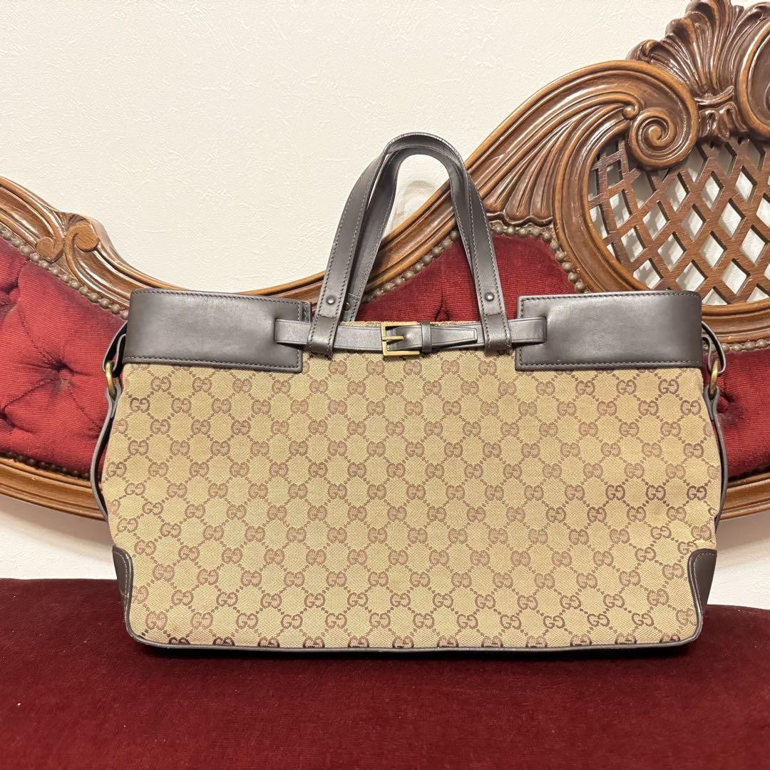Vintage Gucci GG Canvas Tote Bag with Leather Belt Strap Japan Import