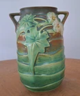 Roseville Art Pottery 6 1/4" Green Luffa Handled Vase 684-6 MINT c. 1934
