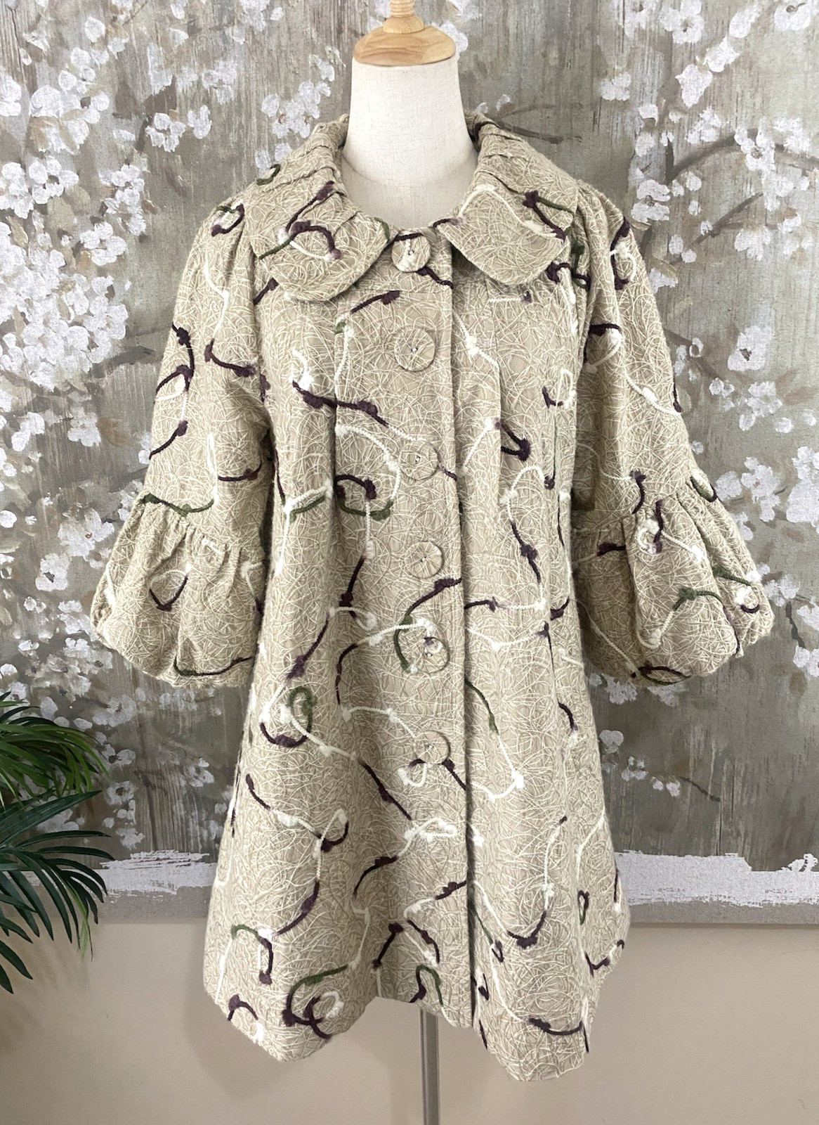 RYU Tan Brown Yarn Pattern Button Front Artsy A-L… - image 1