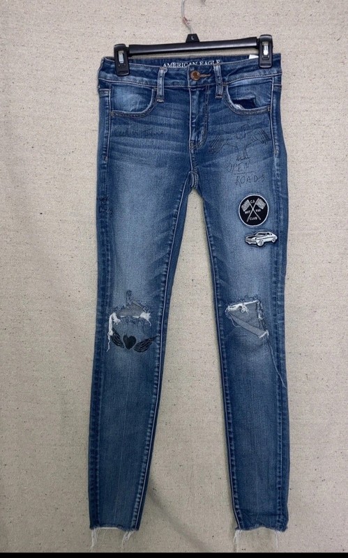 American Eagle Denim Jeans Embellished Patches Jegging Super Stretch Women’s 2