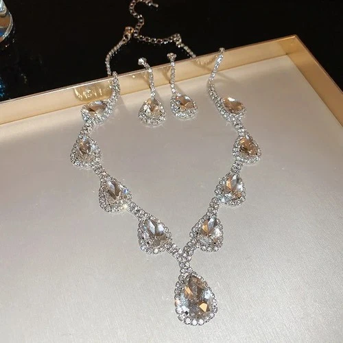Bridal Crystal Teardrop Necklace Drop Earrings Set Silver Rhinestone Wedding Gif - product listing photo