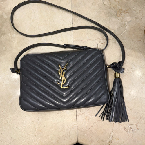 YSL Yves Saint Laurent Grey Quilted Lou Leather Camera Bag w Tassel