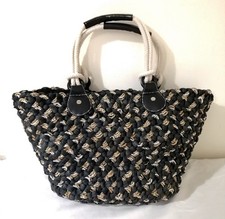 M&S Black / Silver Woven Straw Tote Utility Beach Bag Rope Handles Large