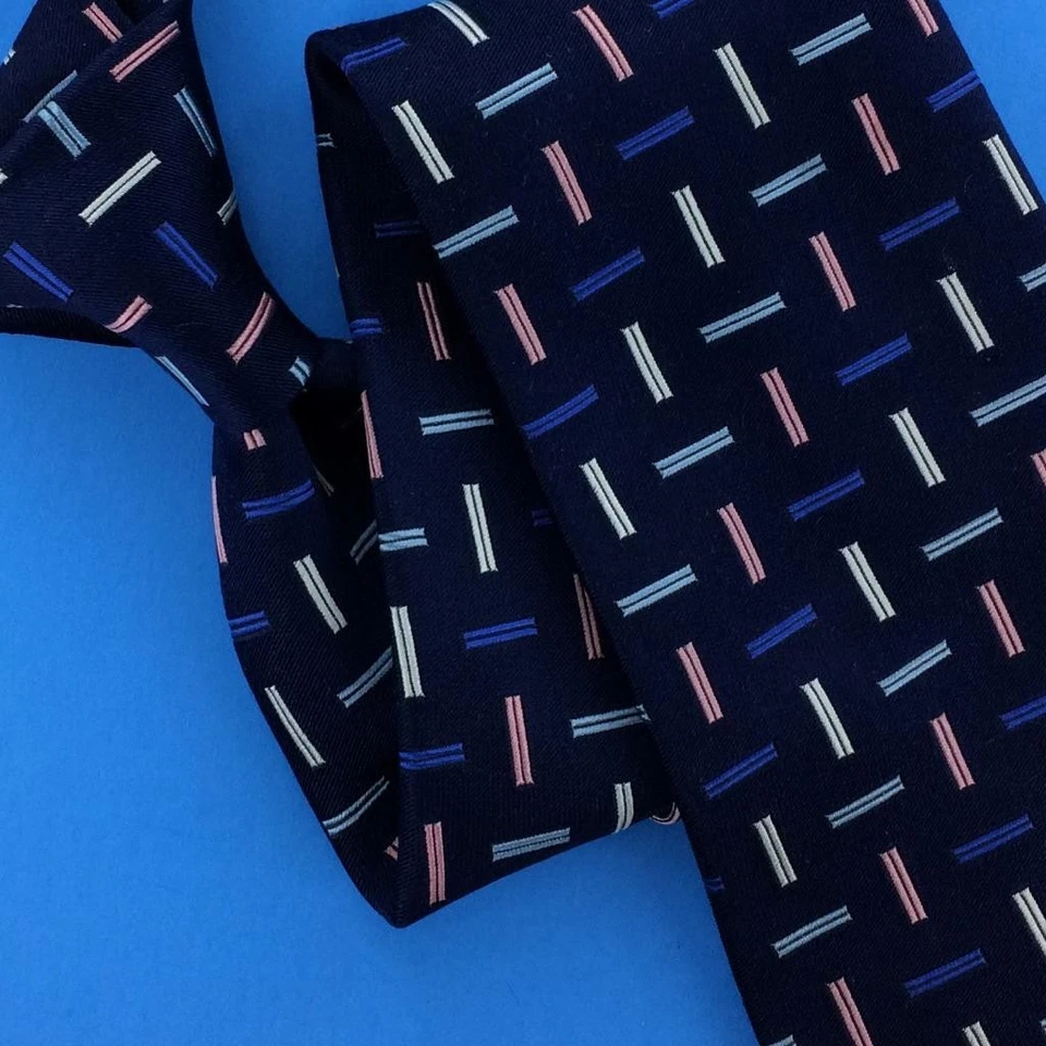 Gravata Turnbull & Asser Inglaterra gravata rosa cinza barras geométricas azul marinho luxo L3 nova - Imagem 3 de 4