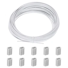 0.06" x 65.6ft Wire Rope, 1SET Stainless Steel Cable with 10 Sleeves, White
