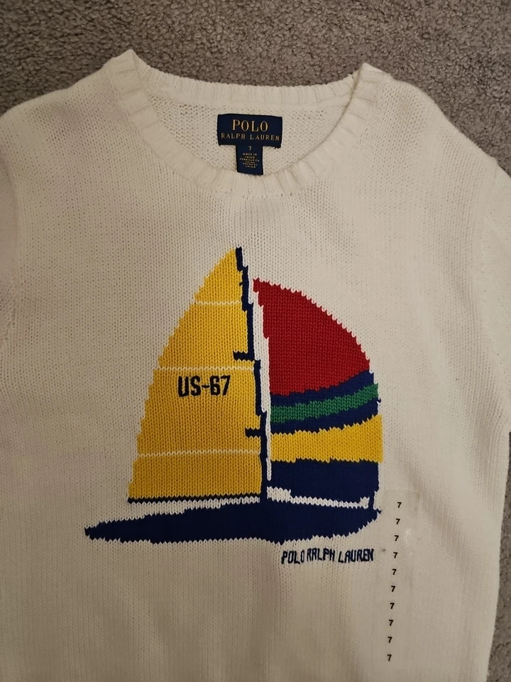 Suéter Polo Ralph Lauren Velero Algodón Cuello Redondo Talla 7 Blanco Nuevo con Etiquetas Foto 2 de 4
