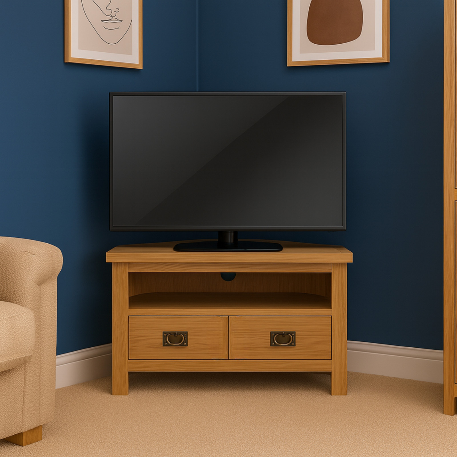 Oak Corner TV Unit – Baysdale Country Rustic Media Cabinet with Drawers
